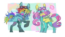 Size: 1474x850 | Tagged: safe, artist:batthsalts, imported from derpibooru, fluttershy, rainbow dash, pegasus, pony, abstract background, duo, duo female, ear piercing, earring, emanata, eyebrows, eyebrows visible through hair, female, full body, goggles, hair over one eye, jewelry, looking at you, mare, open mouth, passepartout, piercing, raised hoof, simple background, speech bubble, white background, wings