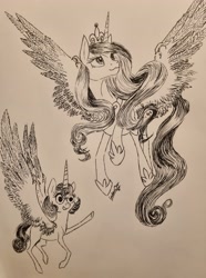 Size: 2968x3996 | Tagged: safe, artist:cahandariella, imported from derpibooru, princess cadance, princess flurry heart, alicorn, derp, feather, monochrome, pen sketch, royal family, spread wings, traditional art, wings