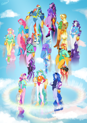 Size: 4169x5906 | Tagged: safe, artist:delfinaluther, imported from derpibooru, applejack, fluttershy, pinkie pie, princess cadance, princess celestia, princess luna, rainbow dash, rarity, starlight glimmer, sunset shimmer, trixie, twilight sparkle, alicorn, anthro, human, equestria girls, alicorn humanization, alicorn six, alicornified, applecorn, blue background, clothes, cloud, cloudy, commission, digital art, fast, female, fluttercorn, flying, horn, horned humanization, humane five, humane seven, humane six, jetpack, leotard, pinkiecorn, race swap, rainbowcorn, raricorn, shimmercorn, simple background, sky, smiling, solo, sonic boom, sonic rainboom, sound barrier, starlicorn, stars, trixiecorn, twilight sparkle (alicorn), winged humanization, wings