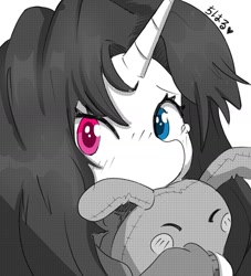Size: 1440x1584 | Tagged: safe, artist:ishikawachichan, imported from derpibooru, oc, oc only, pony, unicorn, art tra, bust, clothes, female, heart, heterochromia, horn, japanese, looking at you, mare, plushie, portrait, simple background, solo, white background