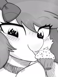 Size: 1440x1920 | Tagged: safe, artist:ishikawachichan, imported from derpibooru, oc, oc only, pony, cupcake, eating, eye clipping through hair, female, food, grayscale, happy birthday, japanese, licking, mare, monochrome, solo, tongue out