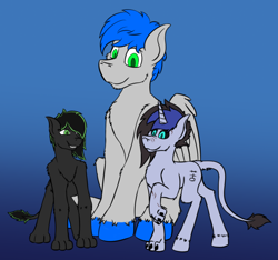 Size: 824x772 | Tagged: safe, artist:recordmelodie, imported from derpibooru, oc, oc:anthonystone, oc:eytlin, oc:record melodie, pegasus, pony, sphinx, simple background, sitting, size difference