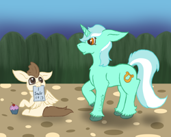 Size: 1280x1024 | Tagged: safe, artist:lil_vampirecj, imported from derpibooru, lyra heartstrings, pound cake, pegasus, pony, unicorn, colored, colt, cupcake, female, flat colors, foal, food, male, mare, scene, shocked, shocked expression, simple shading, stealing