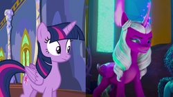Size: 1280x720 | Tagged: safe, edit, edited screencap, imported from derpibooru, screencap, opaline arcana, twilight sparkle, alicorn, pony, to where and back again, spoiler:g5, spoiler:my little pony: make your mark, spoiler:my little pony: make your mark chapter 2, spoiler:myms01e03, comparison, disguise, disguised changeling, fake twilight, g4, g5, misty brightdawn, my little pony: make your mark, my little pony: make your mark chapter 2, portrait of a princess, twilight sparkle (alicorn)