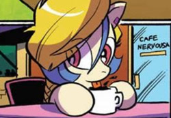 Size: 334x231 | Tagged: safe, artist:andypriceart, idw, imported from derpibooru, golden feather, princess celestia, pegasus, spoiler:comic, spoiler:comic65, cafe, coffee, coffee mug, cropped, female, lapping, licking, mare, mug, solo, tongue out