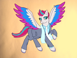 Size: 4160x3120 | Tagged: safe, artist:jesterofdestiny, imported from derpibooru, zipp storm, pegasus, pony, button-up shirt, clothes, dress shirt, female, g5, mare, necktie, raised hoof, scarf, shirt, simple background, solo, spread wings, suit, wings