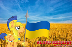 Size: 2064x1344 | Tagged: safe, anonymous artist, imported from derpibooru, flash sentry, 2022, armor, august, field, flag, graveyard of comments, independence day, politics, royal guard armor, sky, ukraine, ukrainian independence day