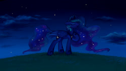 Size: 1920x1080 | Tagged: safe, artist:dragonataxia, imported from derpibooru, princess luna, alicorn, pony, eyes closed, female, grass, mare, night, open mouth, profile, singing, solo