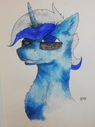 Size: 3456x4608 | Tagged: safe, artist:hrabiadeblacksky, imported from derpibooru, minuette, pony, unicorn, blue, blue eyes, female, mare, simple background, sunglasses, traditional art, watercolor painting, white background