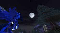 Size: 1920x1080 | Tagged: safe, artist:derpy_fan, imported from derpibooru, princess luna, alicorn, pony, 3d, moon, night, solo, source filmmaker, tree