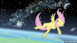 Size: 1920x1080 | Tagged: safe, artist:heart0fthestorm, imported from derpibooru, fluttershy, pegasus, pony, atmosphere, eyes closed, faint, falling, female, galaxy, mare, solo, space, spread wings, stars, wallpaper, wings