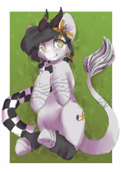 Size: 2894x4093 | Tagged: safe, artist:snowflake_pone, imported from derpibooru, oc, oc:sound error, earth pony, braid, clothes, ear piercing, earth pony oc, female, flower, flower in hair, horns, jewelry, leg warmers, leonine tail, lying down, piercing, scarf, solo, tail