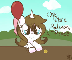 Size: 1069x895 | Tagged: safe, artist:balloons504, imported from derpibooru, oc, oc only, oc:balloons, pony, unicorn, balloon, bow, coin, cute, female, happy, horn, mare, smiling, solo, stand, that pony sure does love balloons, unicorn oc