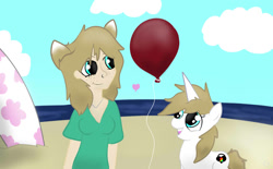 Size: 1077x666 | Tagged: safe, artist:balloons504, imported from derpibooru, oc, oc only, oc:balloons, human, pony, unicorn, balloon, beach, female, heart, mare, ocean, sand, surfboard, that pony sure does love balloons, water, woman