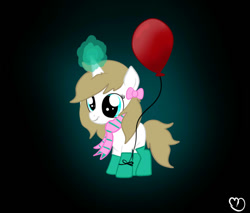 Size: 734x626 | Tagged: safe, artist:balloons504, imported from derpibooru, oc, oc only, oc:balloons, pony, unicorn, balloon, black background, bow, clothes, female, filly, foal, magic, scarf, simple background, socks, solo, telekinesis, that pony sure does love balloons, younger