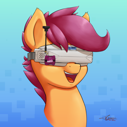 Size: 4000x4000 | Tagged: safe, artist:r5on11c, imported from derpibooru, scootaloo, pegasus, pony, bust, cute, cutealoo, drone, fpv, happy, simple background, solo