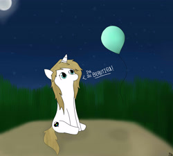 Size: 5119x4615 | Tagged: safe, artist:balloons504, imported from derpibooru, oc, oc only, oc:balloons, pony, unicorn, balloon, female, it's beautiful, mare, moon, night, sitting, solo, stars, that pony sure does love balloons