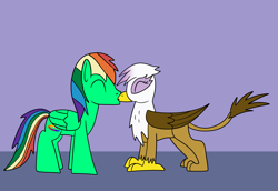 Size: 1568x1080 | Tagged: safe, artist:platinumdrop, imported from derpibooru, gilda, oc, canon x oc, female, interspecies, kissing, male, request, shipping, straight
