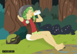 Size: 935x661 | Tagged: safe, artist:excelso36, imported from derpibooru, sandalwood, human, equestria girls, abdl, baby bottle, barefoot, chillaxing, clean diaper, diaper, diaper fetish, diapered, everfree forest, eyes closed, feet, fetish, forest, male, male feet, non-baby in diaper, relaxing
