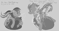 Size: 1572x828 | Tagged: safe, artist:retl, imported from derpibooru, lightning dust, rainbow dash, pegasus, pony, balloon, balloon riding, dialogue, duo, grayscale, monochrome, static electricity, that pony sure does love balloons