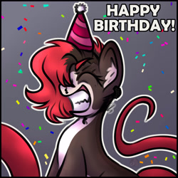 Size: 4500x4500 | Tagged: safe, artist:sadfloorlamp, imported from derpibooru, oc, oc only, oc:torsher, hybrid, pony, absurd resolution, birthday, confetti, cute, eyebrows, eyes closed, female, gradient background, grin, happy birthday, hat, mare, nose piercing, ocbetes, party hat, piercing, ponified, septum piercing, signature, smiling, snake tail, solo, tail, teeth