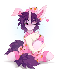 Size: 2472x3064 | Tagged: safe, artist:zlatavector, imported from derpibooru, oc, oc only, oc:lapush buns, unicorn, clothes, commission, hat, male, nightcap, one ear down, outfit, pajamas, pillow, sleepy, solo, stallion