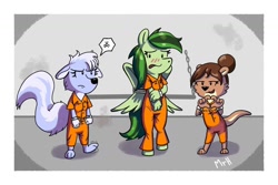 Size: 1500x1004 | Tagged: safe, artist:harinezumi_mr, imported from derpibooru, oc, oc only, oc:eden shallowleaf, anthro, otter, pegasus, skunk, clothes, commission, cuffs, furry, furry oc, jail, prison, prison outfit, prisoner