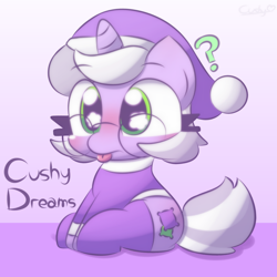 Size: 2000x2000 | Tagged: safe, artist:cushyhoof, imported from derpibooru, oc, oc only, oc:cushy dreams, pony, unicorn, blushing, clothes, cute, female, glasses, gradient background, hat, high res, horn, mare, nightcap, pajamas, question mark, sitting, socks, solo, text, tongue out, unicorn oc