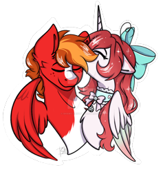 Size: 1024x1082 | Tagged: safe, artist:shamy-crist, imported from derpibooru, oc, oc only, alicorn, pegasus, pony, alicorn oc, bow, deviantart watermark, duo, female, hair bow, horn, male, mare, obtrusive watermark, pegasus oc, simple background, stallion, transparent background, watermark, wings