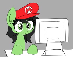 Size: 1014x796 | Tagged: safe, artist:pizzahutjapan, imported from derpibooru, oc, oc:filly anon, earth pony, pony, computer, female, filly, foal, mario hat, solo