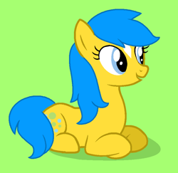 Size: 758x738 | Tagged: safe, artist:jigglewiggleinthepigglywiggle, imported from derpibooru, bubbles (g1), earth pony, pony, adorabubbles, base used, blue eyes, blue hair, blue mane, blue tail, coat markings, cute, facial markings, female, g1, g1 to g4, g4, generation leap, green background, lying down, mare, open mouth, open smile, prone, shadow, simple background, sitting, smiling, star (coat marking), tail