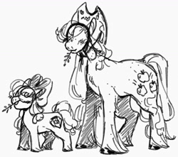 Size: 1280x1129 | Tagged: safe, artist:rare-apples, imported from derpibooru, apple bloom, applejack, earth pony, pony, duo, female, filly, foal, mare, siblings, sisters, sketch