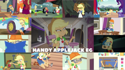 Size: 1968x1109 | Tagged: safe, edit, edited screencap, editor:quoterific, imported from derpibooru, screencap, applejack, granny smith, rainbow dash, rarity, sunset shimmer, cat, human, constructive criticism, diy with applejack, driving miss shimmer, equestria girls, equestria girls series, legend of everfree, road trippin, spring breakdown, the finals countdown, spoiler:eqg series (season 2), applejack's hat, cowboy hat, female, goggles, hammer, hat, trio, trio female