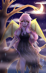 Size: 2450x3850 | Tagged: safe, artist:mylittleyuri, imported from derpibooru, fluttershy, bat pony, human, alternate hairstyle, bat ponified, blushing, clothes, cloud, crescent moon, cute, dress, fangs, female, flutterbat, fog, humanized, moon, night, race swap, shyabates, shyabetes, solo, stars, tree, winged humanization, wings