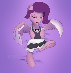 Size: 1589x1640 | Tagged: safe, artist:tyleks, imported from derpibooru, pipp petals, pegasus, pony, adorapipp, blushing, clothes, cute, female, g5, line, looking at you, maid, mare, simple background, solo, wip