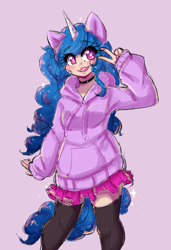 Size: 1127x1650 | Tagged: safe, artist:mylittleyuri, imported from derpibooru, izzy moonbow, human, blushing, choker, clothes, cute, eared humanization, female, g5, grin, horn, horned humanization, humanized, izzybetes, peace sign, pink background, simple background, skirt, smiling, socks, solo, stockings, tail, tailed humanization, thigh highs, zettai ryouiki