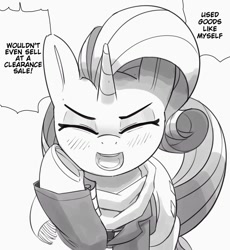 Size: 1102x1200 | Tagged: safe, artist:pabbley, imported from derpibooru, rarity, pony, unicorn, blushing, clothes, cute, dialogue, eyebrows, eyes closed, female, grayscale, jacket, mare, monochrome, open mouth, open smile, scarf, self deprecation, simple background, smiling, solo, speech bubble, talking to viewer, white background