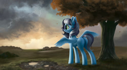 Size: 1170x652 | Tagged: safe, artist:flusanix, imported from derpibooru, grey skies, oc, oc:buffonsmash, pegasus, pony, autumn, butt, commission, digital art, eye lashes, female, field, grass, grass field, green eyes, leaves, lightning, looking away, mare, painting, plot, rain, rule 63, solo, spread wings, thunder, wings, ych example, ych result, your character here