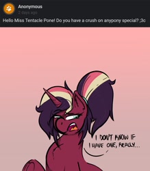 Size: 1890x2160 | Tagged: safe, artist:poneboning, oc, oc only, oc:lovetap, pony, unicorn, female, looking back, mare, open mouth, simple background, talking