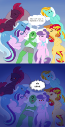 Size: 2000x3902 | Tagged: safe, artist:anonymous, imported from twibooru, fizzlepop berrytwist, lightning dust, starlight glimmer, sunset shimmer, suri polomare, tempest shadow, trixie, oc, oc:anon, human, pony, equestria girls, /mlp/, drawthread, female, image, mare, meme, pillow, png, ponified meme