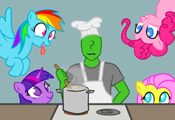 Size: 2942x2026 | Tagged: safe, artist:anonymous, fluttershy, pinkie pie, rainbow dash, twilight sparkle, oc, oc:anon, earth pony, pegasus, pony, unicorn, apron, chef's hat, clothes, cooking, drawthread, facial hair, female, flying, food, hat, mare, moustache, open mouth, pasta, pot, smiling, spaghetti, spread wings, stove, tongue out, wings