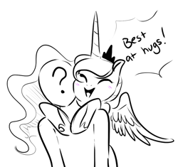 Size: 858x805 | Tagged: safe, princess luna, oc, oc:anon, alicorn, pony, blushing, eyes closed, female, hug, mare, monochrome, open mouth, smiling, spread wings, talking, wings