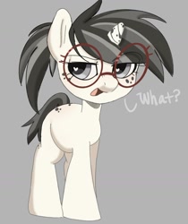 Size: 1199x1425 | Tagged: safe, alternate version, artist:mushy, oc, oc only, oc:steelie, pony, unicorn, female, filly, foal, freckles, glasses, gray background, heart, heart eyes, mare, open mouth, simple background, smiling, talking, wingding eyes