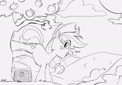 Size: 2000x1400 | Tagged: safe, artist:mushy, applejack, earth pony, pony, apple, applebucking, female, food, hat, looking back, mare, monochrome, open mouth, smiling, tree, wip