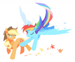 Size: 1680x1383 | Tagged: safe, artist:fan_silversol, applejack, rainbow dash, earth pony, pegasus, pony, female, flying, hat, leaf, mare, one eye closed, running, running of the leaves, simple background, smiling, spread wings, white background, wings