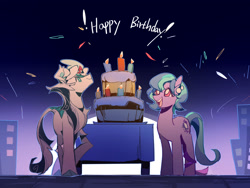Size: 2769x2078 | Tagged: safe, artist:fan_silversol, oc, oc only, earth pony, kirin, pony, birthday, cake, female, food, mare, open mouth, simple background, smiling