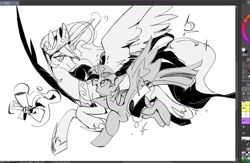 Size: 1435x936 | Tagged: safe, artist:fan_silversol, princess celestia, twilight sparkle, alicorn, pony, duo, female, magic, mare, monochrome, open mouth, running, simple background, smiling, spread wings, white background, wings, wip