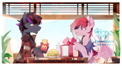 Size: 1705x920 | Tagged: safe, artist:fan_silversol, oc, oc only, bat pony, earth pony, pony, burger, clothes, food, french fries, male, mcdonald's, open mouth, present, smiling, stallion