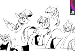 Size: 1184x814 | Tagged: safe, artist:fan_silversol, princess celestia, twilight sparkle, alicorn, pony, unicorn, drawpile, female, looking back, mare, monochrome, open mouth, simple background, sketch