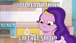 Size: 960x540 | Tagged: safe, edit, edited screencap, imported from derpibooru, screencap, pipp petals, pegasus, pony, spoiler:g5, spoiler:my little pony: tell your tale, spoiler:tyts01e23, animated, another pony's trash, barely animated, caption, cellphone, female, g5, headband, image macro, loop, mare, marelet, my little pony: tell your tale, oven, phone, pipp is short, pipp petals is not amused, smol, solo, text, text edit, unamused